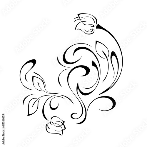 ornament 1552. decorative element with stylized flower buds, leaves and curls in black lines on a white background