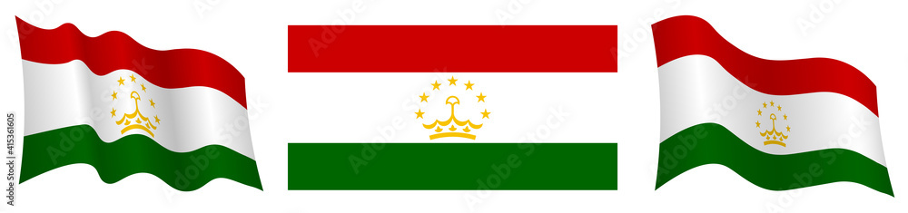Naklejka premium flag of Tajikistan in static position and in motion, fluttering in wind in exact colors and sizes, on white background