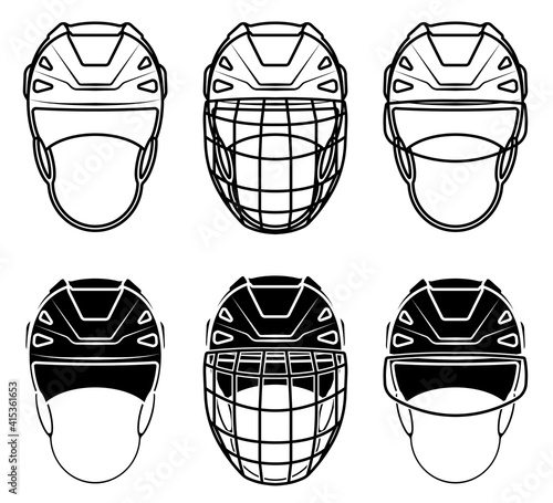 open hockey helmet icon front view, with transparent visor and with protective grill. Ice hockey field player protective gear. Vector
