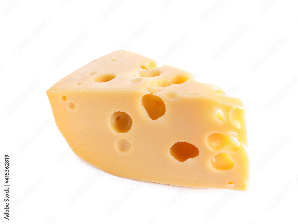 Piece of cheese with holes isolated on white Piece of cheese with holes isolated on white