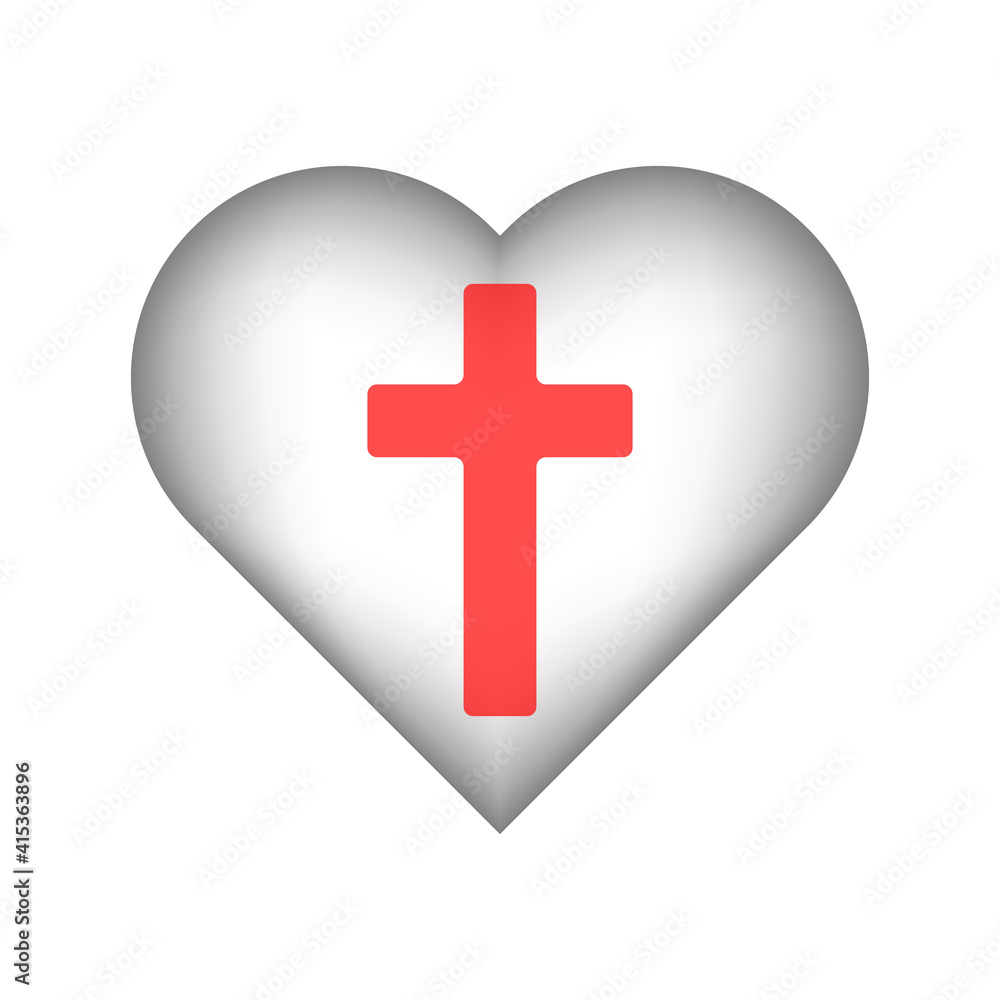 Obraz premium Grey heart icon with red cross. Concept of religious heart icon with cross. Icon for graphic design, website. Vector icon of symbols of faith, religion, Christianity. Vector illustration.