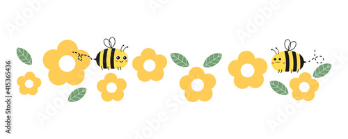 Bee cartoon and flower on white background vector.
