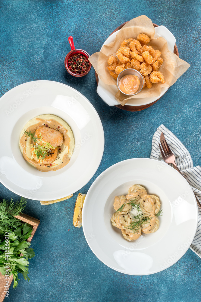 Dumplings, shrimps, hummus, menu to choose from Dumplings, shrimps, hummus, menu to choose from
