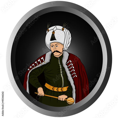 Yavuz Sultan Selim (Sultan Selim I the Grim) vector illustration in cartoon style. Sultan Selim I was the first Ottoman Caliph of Islam.