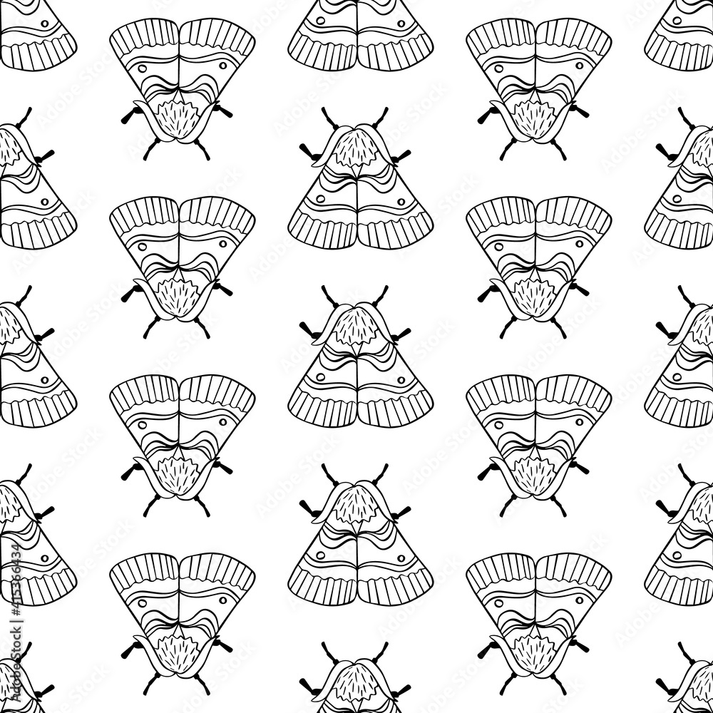 Black and white seamless pattern with moths and butterflies. Textile and wrapping design. Vector illustration.