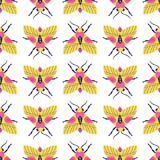 Bright motley seamless pattern with moths and butterflies on white background. Textile and wrapping design. Vector illustration.
