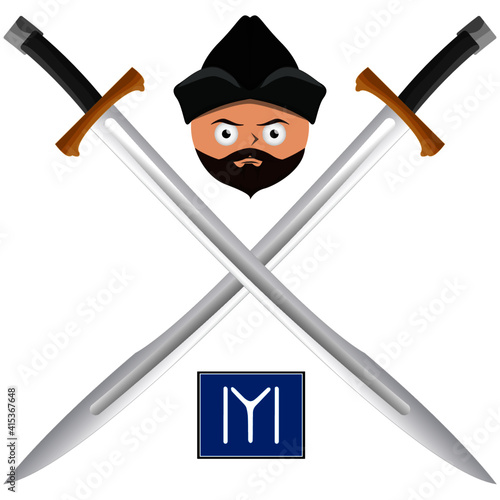 Early Ottoman, Seljuk sword or Ertugrul Ghazi Sword and his Kayi Tribe emblem with typical kayi tribesman head. Vectoral.