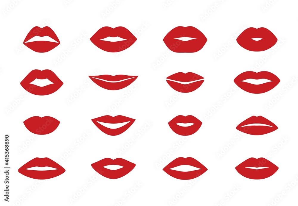 Woman s lips. Cartoon flat kiss shape icons, isolated lipstick sensual silhouette set. Vector beauty cosmetic concept Woman s lips. Cartoon flat kiss shape icons, isolated lipstick sensual silhouette set. Vector beauty cosmetic concept