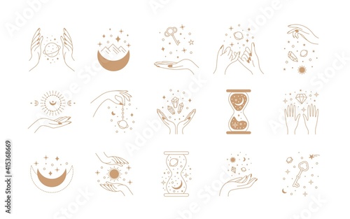 Boho magic set. Alchemy magic witch logo, hand drawn boho mystic doodle esoteric symbols. Vector set