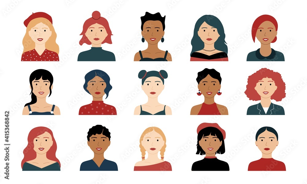 Female avatars. Woman hipster avatars, feminist creative characters, happy modern stylish persons. Vector isolated set Female avatars. Woman hipster avatars, feminist creative characters, happy modern stylish persons. Vector isolated set