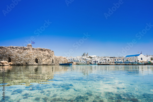 Paros island, Naoussa, Cyclades, Greece, panoramic landmark of beautiful greek fishing village. Travel, tourist destination, vacations concept.
