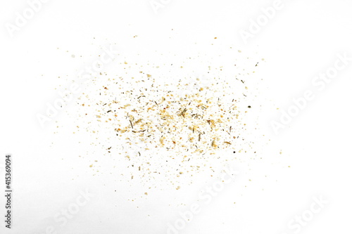 Fototapeta Naklejka Na Ścianę i Meble -  Grounded spice ingredient of dry mix vegetables isolated on white. tzatziki  spices. A pile of a yellow spice mix.  