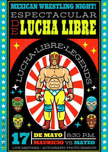 Lucha Libre Poster. Mexican Wrestler Fighters in Mask. Vector Illustration.