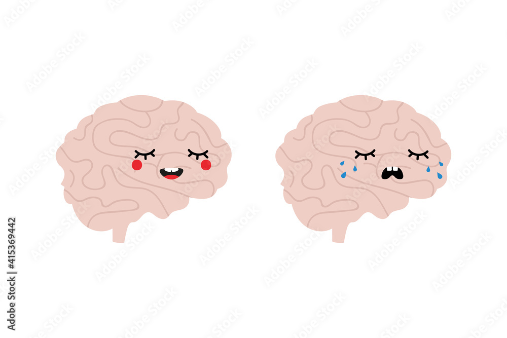 Cute cartoon style human brain characters, happy smiling and sad crying. Cute cartoon style human brain characters, happy smiling and sad crying.