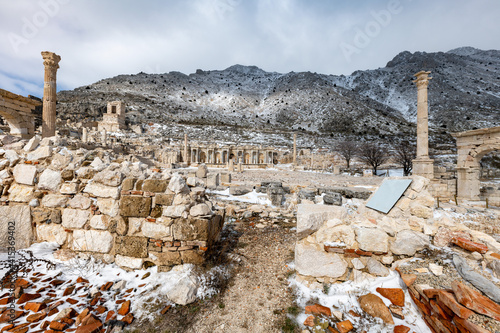 Gymnasium.Welcome to Sagalassos. Isparta, Turkey.To visit the sprawling ruins of Sagalassos, high amid the jagged peaks of Akdag, is to approach myth: the ancient ruined city set in stark. photo