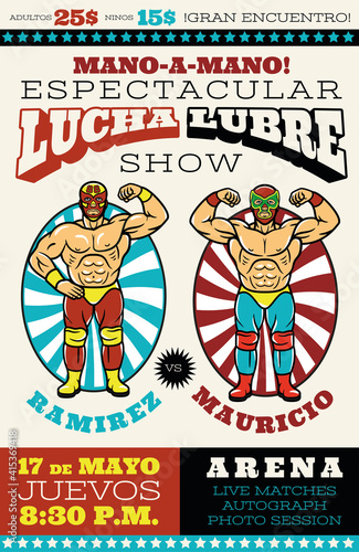 Lucha Libre Poster. Mexican Wrestler Fighters in Mask. Vector Illustration.