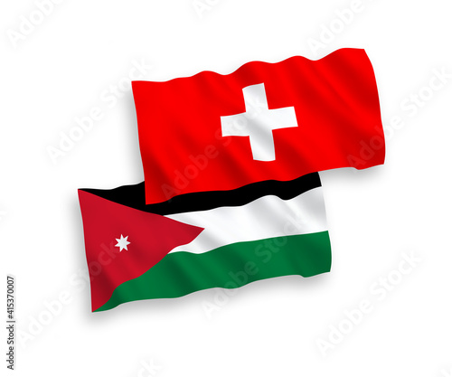 National vector fabric wave flags of Hashemite Kingdom of Jordan and Switzerland isolated on white background. 1 to 2 proportion.