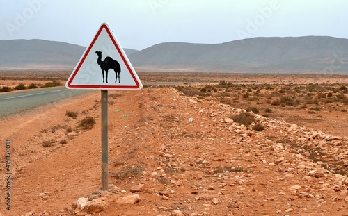 attention camel street sign on deserted road