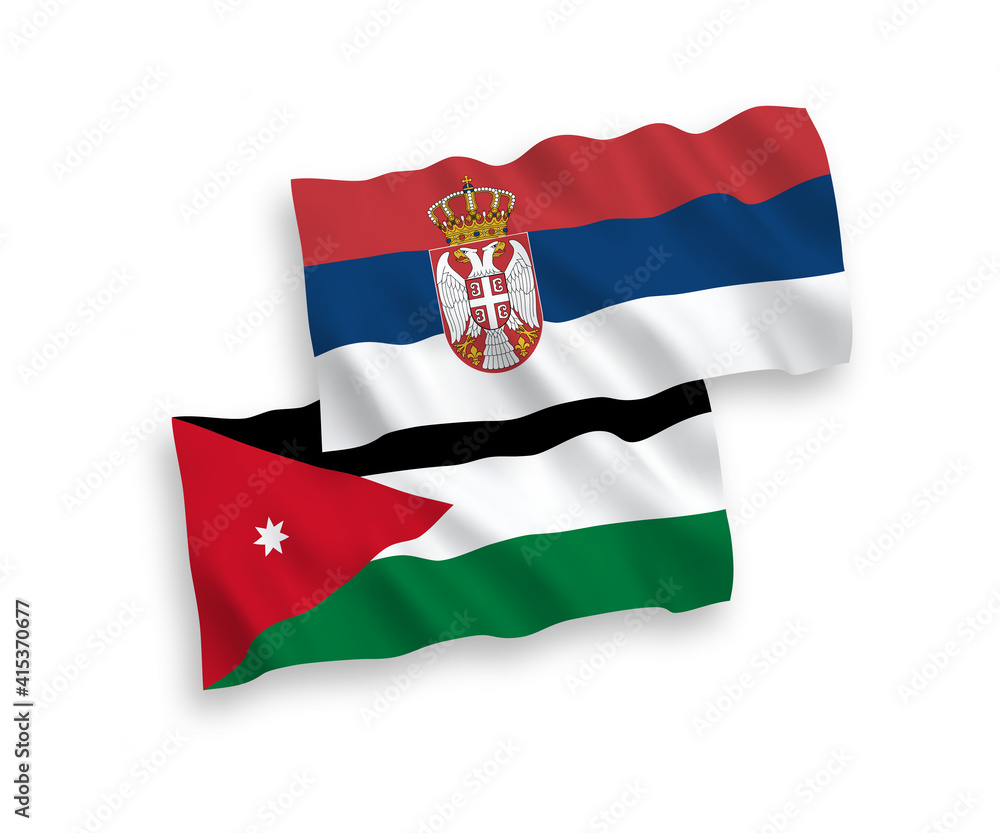 National vector fabric wave flags of Hashemite Kingdom of Jordan and Serbia isolated on white background. 1 to 2 proportion.