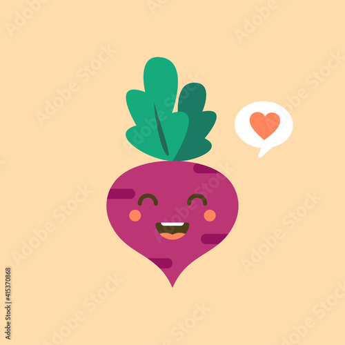 Cute beet character with face. Kawaii doodle beet isolated on color background. Stock vector illustratio. funny happy cartoon red beet vegetable character