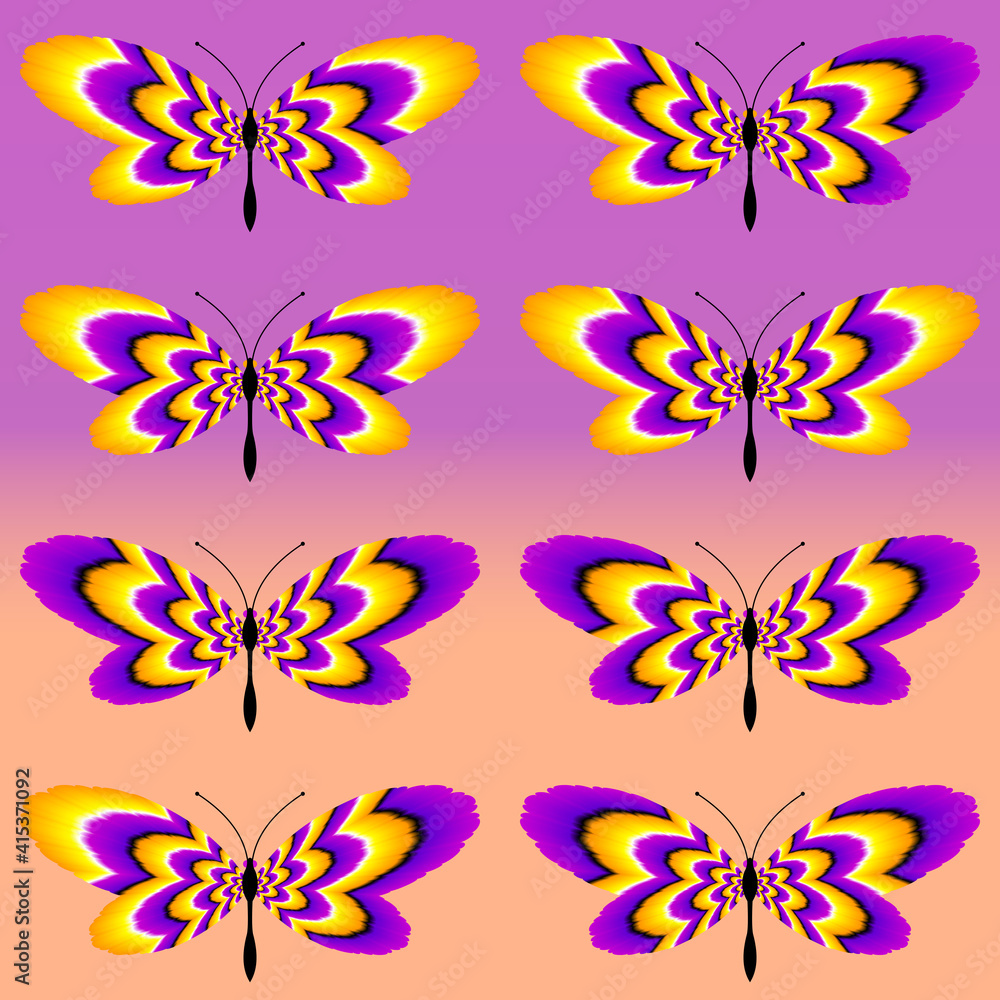 Set of yellow and purple butterflies. Optical expansion illusion.