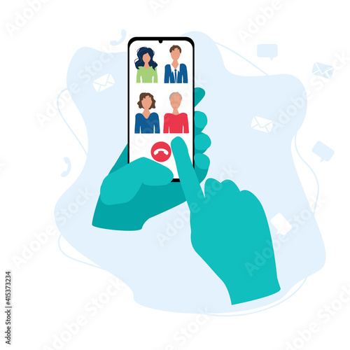 business video conference in smartphone. conference call with colleagues. hand in gloves. health care concept. flat vector illustration isolated