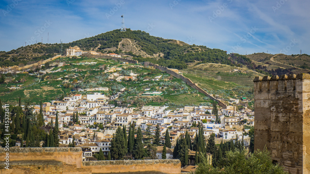 View on the Albaicin district of Granada (Andalucia, Spain) from the rempart of the Alcazaba, the fortress of the Alhambra complex