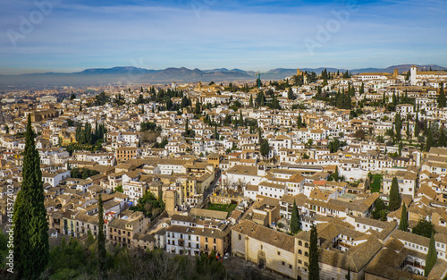 View on the Albaicin district of Granada (Andalucia, Spain) from the rempart of the Alcazaba, the fortress of the Alhambra complex