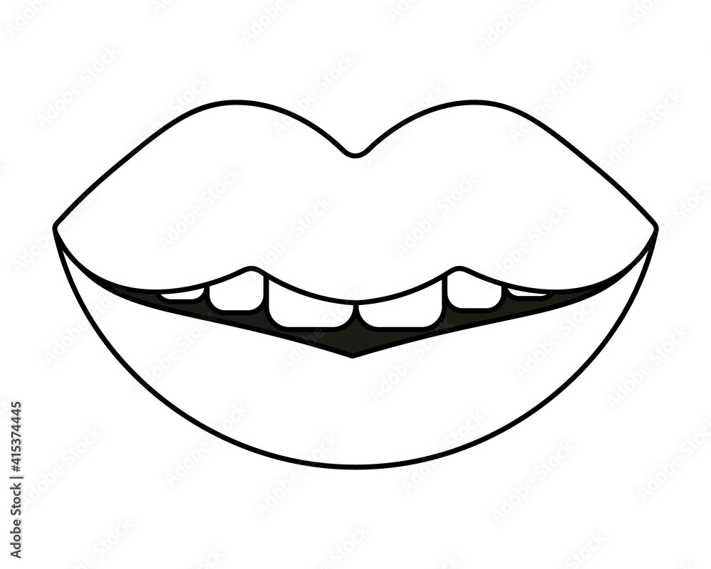 A smile on plump lips. Sketch. Seductive mouth. Vector illustration. Coloring book for children. Valentines Day. Doodle style. An even row of teeth. Outline on an isolated white background. A smile on plump lips. Sketch. Seductive mouth. Vector illustration. Coloring book for children. Valentines Day. Doodle style. An even row of teeth. Outline on an isolated white background.