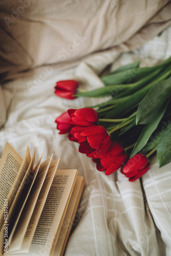 bouquet of pink red tulips on the bed near pillows and books bokeh effect macro photo mother's day international women's day