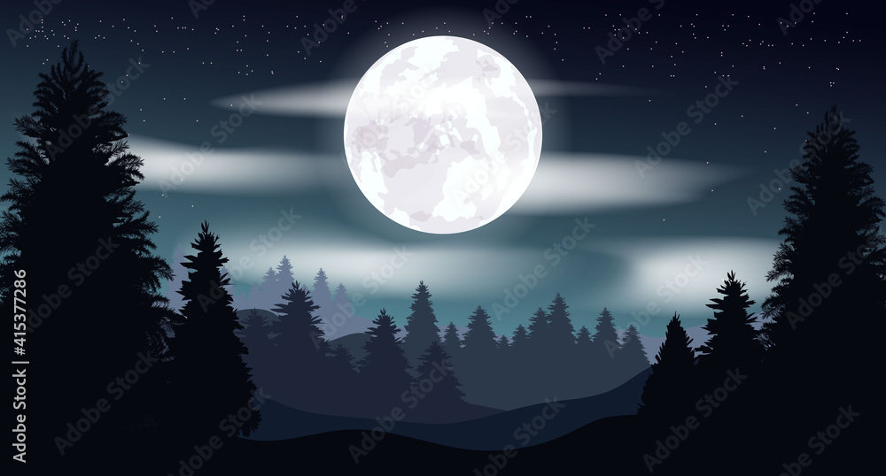 Fototapeta premium Vector gloomy illustration. Night landscape, moon. Starry sky in the clouds. Night forest.
