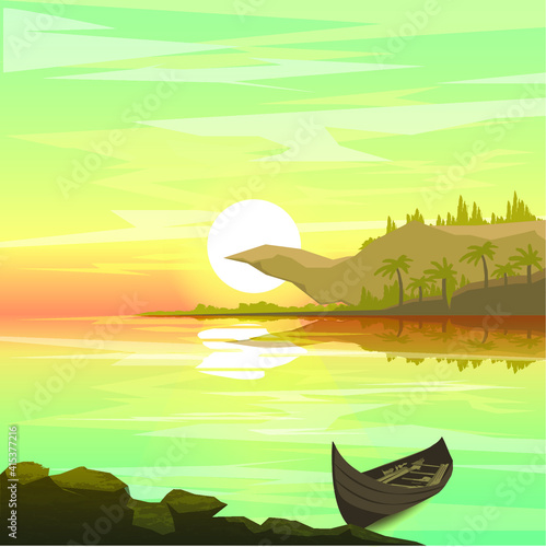vector sunset island landscape with a boat on the sea shore, seascape illustration, ocean beach