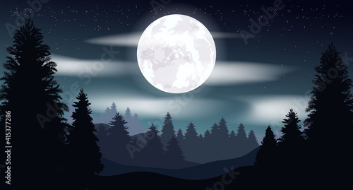 Vector gloomy illustration. Night landscape, moon. Starry sky in the clouds. Night forest.