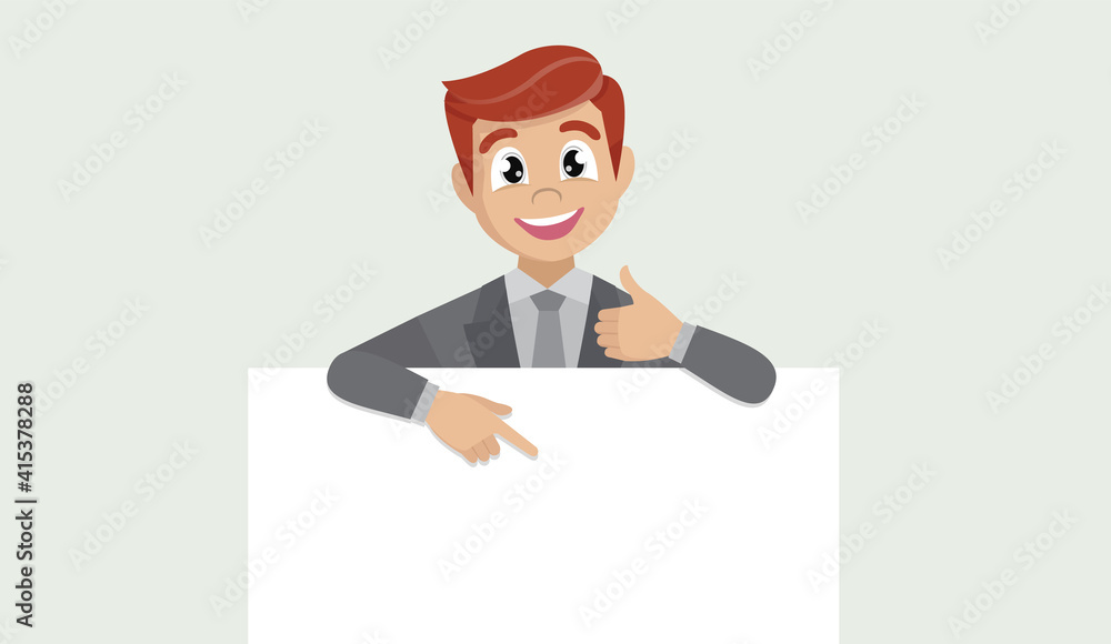 business man showing blank poster, pointing finger and gesturing thumbs up sign. business man showing blank poster, pointing finger and gesturing thumbs up sign.