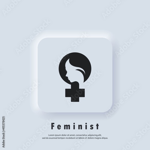 Feminist icon. Female woman feminism sign. Protest hand with woman face. Vector EPS 10. UI icon. Neumorphic UI UX white user interface web button. Neumorphism