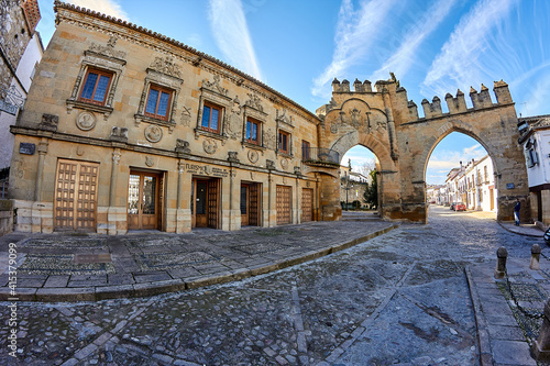 Puerta de Jaen, built in 1521, and Arco de Villalar (left hand side) in the Plaza de Populo (also called Plaza los Leones), Baeza, Jaen Province, Andalusia, Spain, Western Europe. photo