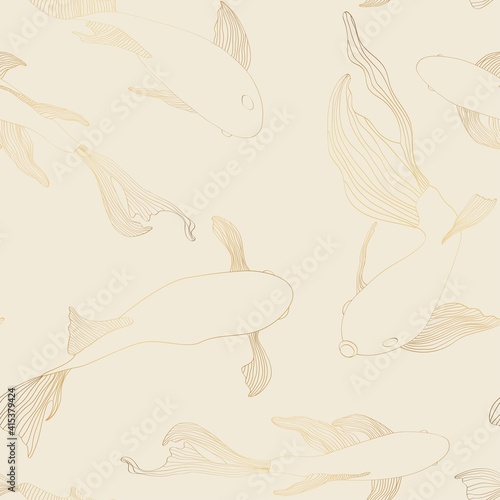 Fish graphic golden line seamless pattern background sketch illustration. Japanese Koi carps, golden fish  backgriund. Etched ocean fish wrapper.