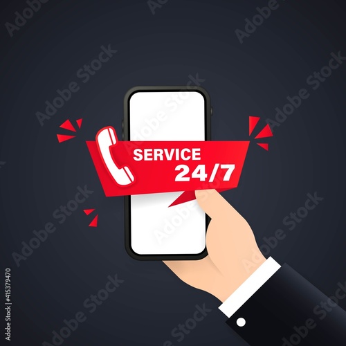 24-7 service concept or call center illustration. Landing page template customer and operator, online technical support 24-7 for web page Online assistant, virtual help service smartphone.