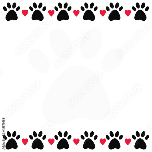 Dog or cat paw border blank with hearts and big transparent paw silhouette. Template design with copy space for pet shops, adoption, veterinary certificates. Vector printable banner, place for text