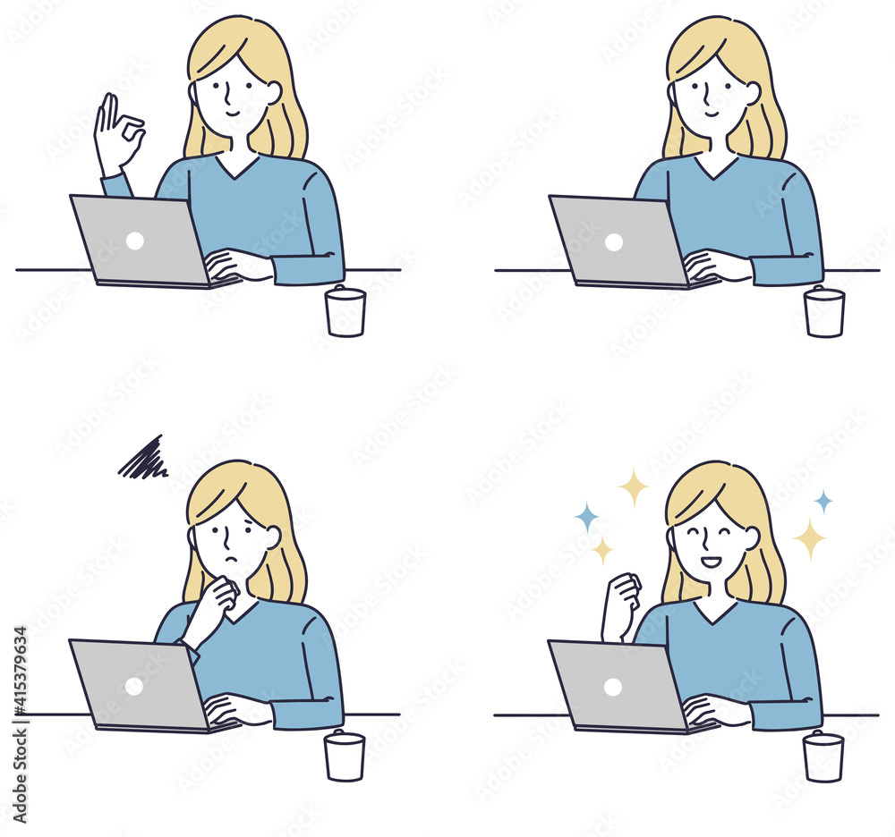 パソコンを操作する女性　シンプルイラスト
