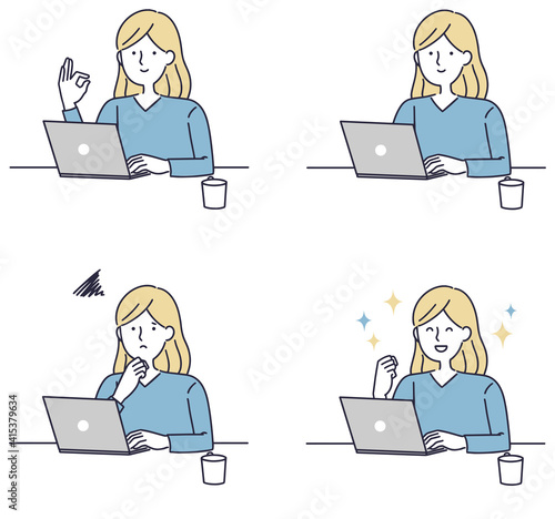 パソコンを操作する女性　シンプルイラスト