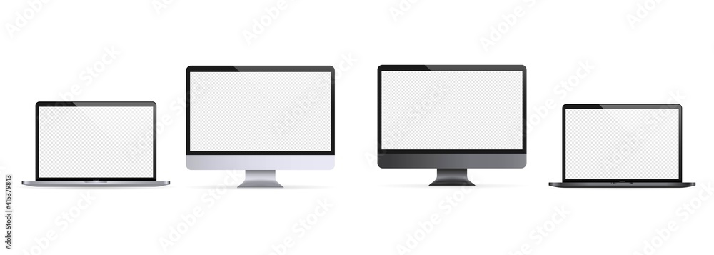 Realistic laptop, notebook. Computer monitor illustration. Light and dark theme. Computer monitor icon. White blank display. Vector EPS 10. Isolated on transparent background Realistic laptop, notebook. Computer monitor illustration. Light and dark theme. Computer monitor icon. White blank display. Vector EPS 10. Isolated on transparent background