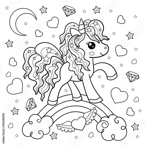 Cute cartoon unicorn. Black and white linear drawing. Vector