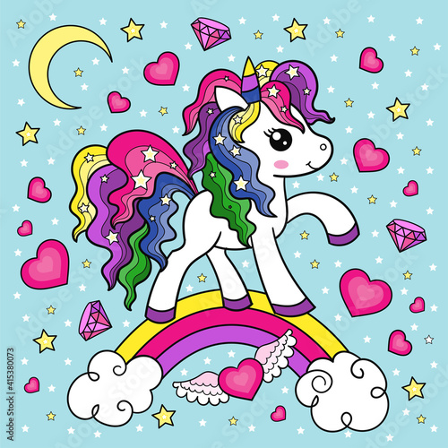 Cute cartoon unicorn on a rainbow with hearts.Children's fanatic illustration. Vector