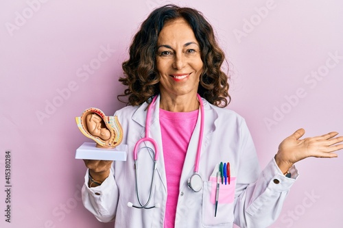 Fotografi Middle age hispanic doctor woman holding anatomical model of female uterus with