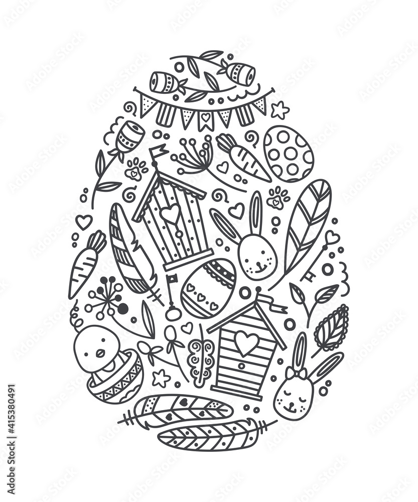 Happy easter doodle elements in the egg shape. Black and white hand drawn vector illustration.