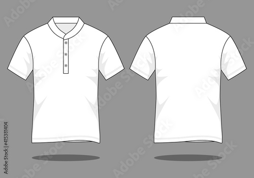 White Short Sleeve Polo Shirt With Stand Up Collar Template On Gray Background.Front And Back View, , Vector File