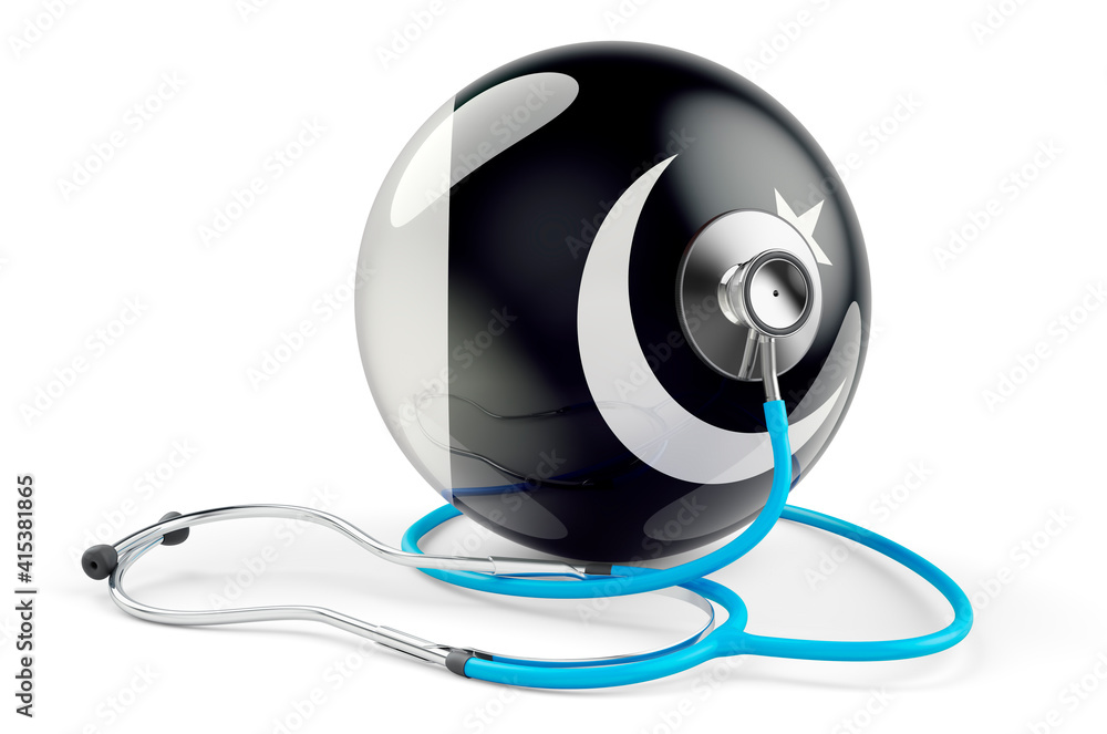Pakistani flag with stethoscope. Health care in Pakistan concept, 3D rendering