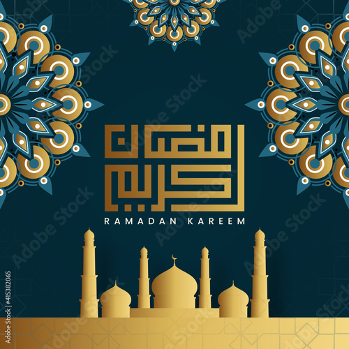 Elegant ramadan kareem calligraphy with mosque image and floral mandala