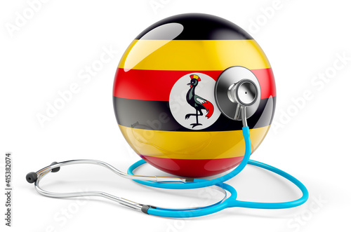 Ugandan flag with stethoscope. Health care in Uganda concept, 3D rendering